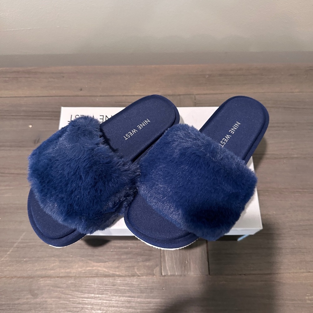 Brand New Nine West Royal Blue Furry Slides
